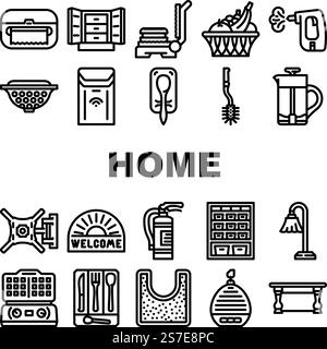 Home Interior House Design Symbole setzen Vektor. Ausstattung Raum, Dekor modern, Accessoires Lampe, Dekoration Gebäude Haus Innenausbau Design schwarze Kontur Illustrationen. Home Interior House Design Symbole setzen Vektor Stock Vektor