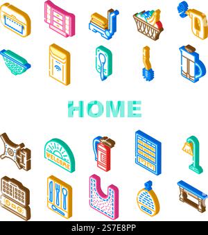 Home Interior House Design Symbole setzen Vektor. Ausstattung Raum, Dekor modern, Accessoires Lampe, Dekoration Gebäude Haus Innenraum Design isometrische Zeichen Illustrationen. Home Interior House Design Symbole setzen Vektor Stock Vektor