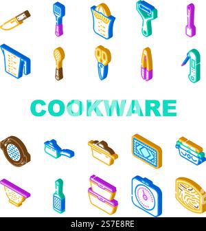 Küche Kochen Kochgeschirr Utensilien Icons Set Vektor. Pfannenkochen, Essensschale, Küchengeschirr, Küchentopf, Küchenutensilien, Topf, Braten zu Hause, Abendessen Küche Kochen Kochgeschirr Utensilien isometrische Schilder Illustrationen. Küche Kochen Kochgeschirr Utensilien Icons Set Vektor Stock Vektor
