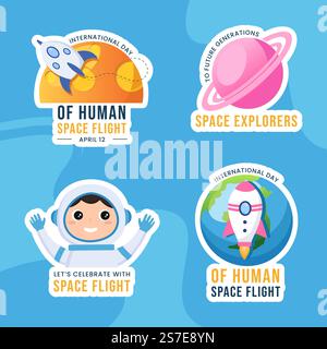 International Human Space Flight Day Label Flat Cartoon Handgezeichnete Vorlagen Hintergrunddarstellung Stock Vektor