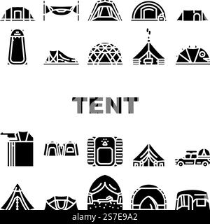 Zelt Ausrüstung Tourismus Symbole setzen Vektor. Objektreisen, Aktivitäten im Freien, Sommerurlaub, Camp-Abenteuer, Unterkunft touristische Zeltausrüstung Tourismus Glyph-Piktogramme Illustrationen. Zelt Ausrüstung Tourismus Symbole setzen Vektor Stock Vektor