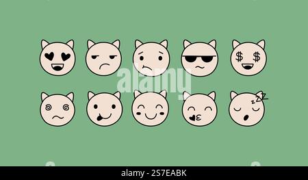 Emotionale Katzen Gesichter, Avatare. Niedliches Katzenporträt in unterschiedlichem Ausdruck. Lustiges Lachen, Schlaf, Küssen Gesicht, Vektorkittens Aufkleber. Illustration von Cartoon Avatar Gesicht Katzen. Emotionale Katzen Gesichter, Avatare. Niedliches Katzenporträt in unterschiedlichem Ausdruck. Lustiges Lachen, Schlaf, Küssen Gesicht, Vektorkittens Aufkleber Stock Vektor