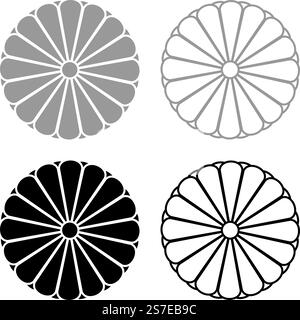 Wappen von Japan nippon imperiales Siegel zentrale Scheibe mit 16 Blütenblättern nationales Emblem Set Icon grau schwarz Farbe Vektor Illustration Bild einfache Vollfüllung Umriss Kontur Linie dünn flach Stil. Wappen von Japan nippon imperiales Siegel zentrale Scheibe mit 16 Blütenblättern nationales Emblem Set Icon grau schwarz Farbe Vektor Illustration Bild einfarbig füllen Umriss Linie dünn flach Stil Stock Vektor
