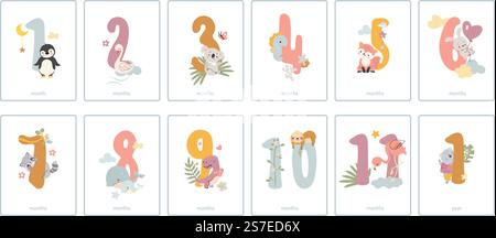 Monatliche Nummernkarten für Babys. Postkarten für Neugeborene, Kleinkinder-Meilenstein-Dekor. Zahl von 1 bis 11 mit niedlichen Tieren, heute Vektor-Feier Banner oder Geburtstagskarte zur Baby-Illustration. Monatliche Nummernkarten für Babys. Postkarten für Neugeborene, Kleinkinder-Meilenstein-Dekor. Zahl von 1 bis 11 mit niedlichen Tieren, heute Vektorfeier Banner Stock Vektor