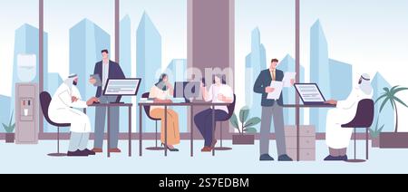 Bürokollegen arbeiten. Internationale Unternehmen, arabische und europäische Fachleute arbeiten zusammen. Kicky Young Business Team Vektor Konzept der Teamarbeit und Partnerschaft Illustration von Kollegen. Bürokollegen arbeiten. Internationale Unternehmen, arabische und europäische Fachleute arbeiten zusammen. Kicky Young Business Team Vektor Konzept Stock Vektor
