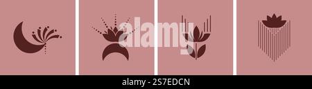 Dekorative Elemente aus mystischem Lotus mit Mond oder Sichel, Punkten und Linien. Zauberhaftes Blumendekor, kreatives grafisches Vektordesign. Spa, Wellness, Yoga-Logo mit Mondmagie und okkulter Illustration. Dekorative Elemente aus mystischem Lotus mit Mond oder Sichel, Punkten und Linien. Zauberhaftes Blumendekor, kreatives grafisches Vektordesign. Spa, Wellness, Yoga-Logo Stock Vektor