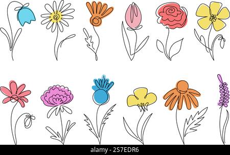 Eine Linie Blumen. Durchgehende Linien mit minimalistischen Blumenelementen. Kunstzeichnung, botanisches, einfaches, florales Gänseblümchen. Blüte Natur anständige Vektorsatz der Blume Skizze grafischer Sommer. Eine Linie Blumen. Durchgehende Linien mit minimalistischen Blumenelementen. Kunstzeichnung, botanisches, einfaches, florales Gänseblümchen. Blossom Nature anständige Vektorset Stock Vektor
