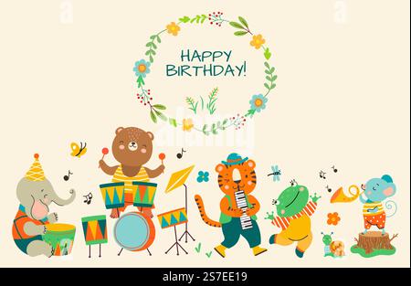 Geburtstagsparty niedliches Dschungeltier Banner. Musik-Feier Tiere, Feiertagshintergrund. Bär Tiger Elefant spielen Musikinstrumente, Kinder Vektor Zeichen Dschungel Party Geburtstagsillustration. Geburtstagsparty niedliches Dschungeltier Banner. Musik-Feier Tiere, Feiertagshintergrund. Bär Tiger Elefant spielt Musikinstrumente, heute Kinder Vektorfiguren Stock Vektor