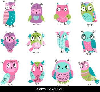 Niedliche Cartoon-Eulen. Schöne Waldeule, süße wilde bunte Tiere. Kinder illustrierten Waldvögel, bezaubernde Aufkleber im Boho-Stil. Isolierte heutzutage Vektorfiguren von Eulen süßer Illustration. Niedliche Cartoon-Eulen. Schöne Waldeule, süße wilde bunte Tiere. Kinder illustrierten Waldvögel, bezaubernde Aufkleber im Boho-Stil. Heute isolierte Vektorzeichen Stock Vektor