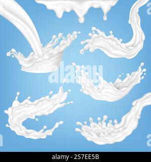 Milchspritzer und Spritzer. Isolierte weiße Flüssigkeitstropfen, tropfender Joghurt oder cremig. Frische Milchspritzer Elemente, leichte Tropfen pithy Vektor Set von Flüssigkeitstropfen und Flüssigkeitspritzer Illustration. Milchspritzer und Spritzer. Isolierte weiße Flüssigkeitstropfen, tropfender Joghurt oder cremig. Frische Milchspritzer-Elemente, leichte Tropfen pithy Vektor-Set Stock Vektor