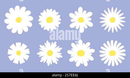 Flaches Gänseblümchen-Set. Kamillenwiese weiße Blumen Ikonen. Gänseblümchen-Kollektion mit verschiedenen Blütenblättern. Retro groovige trendige isolierte botanische Vektor-Clipart. Illustration einer blumenweißen Gänseblümchenwiese. Flaches Gänseblümchen-Set. Kamillenwiese weiße Blumen Ikonen. Gänseblümchen-Kollektion mit verschiedenen Blütenblättern. Retro groovige trendige isolierte botanische Vektor-Clipart Stock Vektor