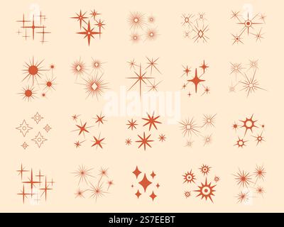 Flache Sterne mit Rays Retro-Logos. Abstrakte Designelemente und moderne funkelnde Boho-Symbole. Glänzende weihnachten minimal anständige Vektor Stern Licht Grafik Sonnenstrahl Illustration. Flache Sterne mit Rays Retro-Logos. Abstrakte Designelemente und moderne funkelnde Boho-Symbole. Strahlende weihnachten minimaler anständiger Vektorstern Stock Vektor
