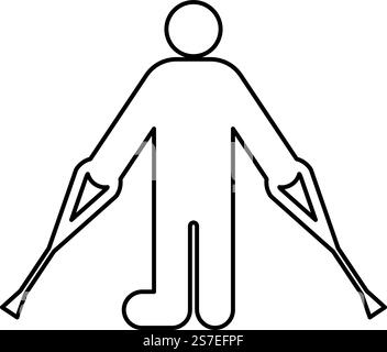 Mann mit gebrochenem Bein Krücke Rohr Gips Fußstock mit Sticks Person Krücken Trauma Konzept Kontur Umrisslinie Symbol schwarze Farbe Vektor Illustration Bild dünne flache Art einfach. Mann mit gebrochenem Bein Krücke Rohr Gips Fußstock mit Sticks Person Krücken Trauma Konzept Kontur Umrisslinie Symbol schwarze Farbe Vektor Illustration Bild dünne flache Art Stock Vektor