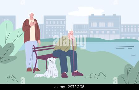 Alte Paare ruhen sich im Stadtpark aus. Natur Stadtlandschaft, ältere Menschen gehen mit Hund. Flache Karikaturvektoren Frau und Mann sitzen auf Bank. Illustration zum Ausruhen des Paares im Park. Alte Paare ruhen sich im Stadtpark aus. Natur Stadtlandschaft, ältere Menschen gehen mit Hund. Flache Karikaturvektoren Frau und Mann sitzen auf Bank Stock Vektor