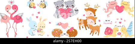 Niedliche Tierpaare, die verliebt sind. Zum Valentinstag liebende Tiere mit Herzen. Hirsch und Biene, romantischer Hase und Flamingo. Cartoon heutzutage Vektorfiguren der niedlichen Liebe valentine Illustration. Niedliche Tierpaare, die verliebt sind. Zum Valentinstag liebende Tiere mit Herzen. Hirsch und Biene, romantischer Hase und Flamingo. Cartoon heutzutage Vektorfiguren Stock Vektor