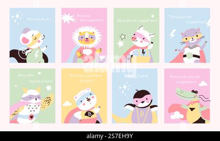 Tiersuperheldenkarten mit positivem Schriftzug. Kinder decken Design, niedliche Tierhelden in Umhängen und Masken. Kleiderdrucke, heute Vektor der Superhelden Tier stark, Krokodil und Maskottchen Illustration. Tiersuperheldenkarten mit positivem Schriftzug. Kinder decken Design, niedliche Tierhelden in Umhängen und Masken. Kleiderdrucke, heute Vektorgrafik Stock Vektor