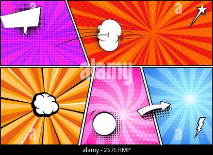 Vorlage für Comic-Cartoon-Seiten. Superhelden Halbton Pop Art Design, Comics Buch Hintergrund mit Sprechblasen, Vektor Poster Hintergrund der Halbton Vorlage Blase Superhelden Seite Illustration. Vorlage für Comic-Cartoon-Seiten. Superheld Halbton Pop Art Design, Comics Buch Hintergrund mit Sprechblasen, Vektor Poster Hintergrund Stock Vektor