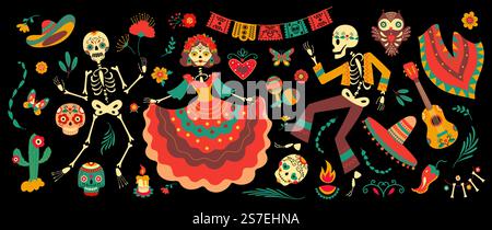 Day of Dead mexico Festivalelemente. Mexikanische Zuckerschädel und tanzende Skelette in traditionellen Kleidern und Blumen. Jetzt DIA de los muertos Vektor-Set der mexikanischen toten Banner Party Illustration. Day of Dead mexico Festivalelemente. Mexikanische Zuckerschädel und tanzende Skelette in traditionellen Kleidern und Blumen. Jetzt DIA de los muertos Vektorsatz Stock Vektor