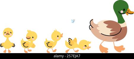 Enten- und Entlein-isoliertes Konzept. Niedliches Entlein geht zu Mutter. Lustige Familienvögel, kleine Babys und Mom. Elternschaft heute Vektorszene der Tierente und Entlein Illustration. Enten- und Entlein-isoliertes Konzept. Niedliches Entlein geht zu Mutter. Lustige Familienvögel, kleine Babys und Mom. Elternschaft heutzutage Vektorszene Stock Vektor