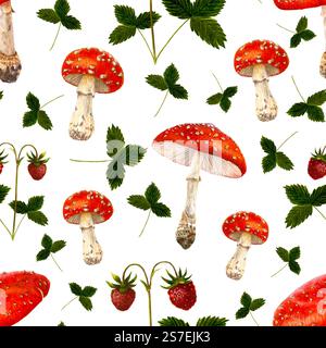 Nahtloses Muster von Aquarellillustrationen von Waldpilzen und Erdbeeren, Geschenke der Natur auf weißem Hintergrund Stockfoto