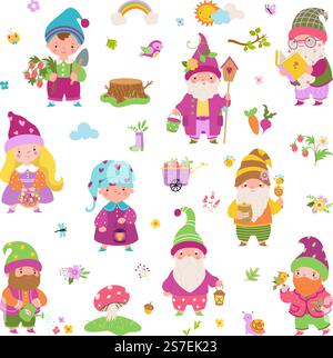 Cartoon-Gartenzwerge, Feen-Zwergfiguren. Niedliche flache weibliche und männliche Zwerge, Gemüse, Pflanzen und Vögel. Sommer Frühling Herbst heute Vektor-Sammlung von Charakter Gnome der Garten Illustration. Cartoon-Gartenzwerge, Feen-Zwergfiguren. Niedliche flache weibliche und männliche Zwerge, Gemüse, Pflanzen und Vögel. Sommer Frühling Herbst heute Vektorkollektion Stock Vektor