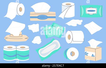 Tissue-Papier-Set. Toilettenrollen, Papierhandtuchbox. Nasse und trockene Serviette oder Deckchen. Gesichts- und Handsanitäts- und Selbthygienselemente. Vektorbadezimmer Sammlung von Papier Toilette und Handtuch Illustration. Tissue-Papier-Set. Toilettenrollen, Papierhandtuchbox. Nasse und trockene Serviette oder Deckchen. Gesichts- und Handsanitäts- und Selbthygienselemente. Anständige Vektorkollektion im Badezimmer Stock Vektor