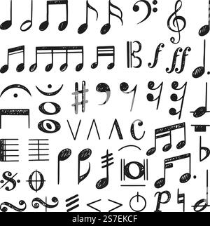 Zeichensammlung für Musiknoten. Kritzelnotiz, Musik Kinder Tinte zeichnen. Klassisches Sing- und Scribble-Melodieschild. Strukturierte neoterische Liedvektor Elemente der Musik Halbton skizzenhafte künstlerische Illustration. Zeichensammlung für Musiknoten. Kritzelnotiz, Musik Kinder Tinte zeichnen. Klassisches Sing- und Scribble-Melodieschild. Strukturierte neoterische Songvektorelemente Stock Vektor