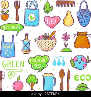 Keine verschwendungsfreien Kritzelelemente und wiederverwendbare Ökologiebeutel. Holzgabel, Lebensmittelpaket und grüne Lebenssymbole. ECO Tasse für Kaffee, natürliche Energie neoterischen Vektor Satz der wiederverwendbaren Ökologie Doodle Illustration. Keine verschwendungsfreien Kritzelelemente und wiederverwendbare Ökologiebeutel. Holzgabel, Lebensmittelpaket und grüne Lebenssymbole. ECO Tasse für Kaffee, natürliche Energie neoterische Vektorsatz Stock Vektor