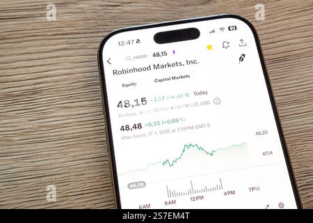 OSTRAVA, TSCHECHIEN - 19. JANUAR 2025: LCD-Bildschirm mit Krypto-Börsenkurstabelle von Robinhood Markets Stockfoto