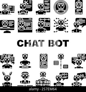 Chat-Bot-Roboter-Service-Symbole legen den Vektor fest. KI-Chatbot, mobiles digitales, Online-Support, Technologie-App, Hilfe-Telefon, Illustrationen von Symbolen für den Kunden-Chat-Bot-Roboter-Service. Chat-Bot-Roboter-Service-Symbole legen den Vektor fest Stock Vektor
