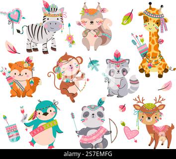 Zeichentrickfilme Stammestiere. Wildes süßes Tier mit Pfeilen. Fuchs im Boho-Stil, Waschbär und Pinguin. Waldbabyfiguren, entzückende kindliche Vektor-Clipart von Zeichentrickfilm wilde Waldtiere Illustration. Zeichentrickfilme Stammestiere. Wildes süßes Tier mit Pfeilen. Fuchs im Boho-Stil, Waschbär und Pinguin. Waldbabyfiguren, entzückende kindliche heutzutage Vektor-Clipart Stock Vektor