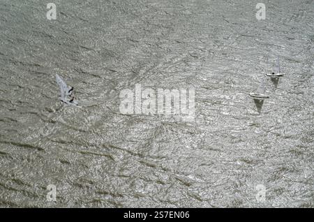 LISSABON, PORTUGAL - 8. NOVEMBER 2014: Aus der Vogelperspektive auf den Tejo in Lissabon, Portugal, mit Menschen, die Segelsport im Wasser üben Stockfoto