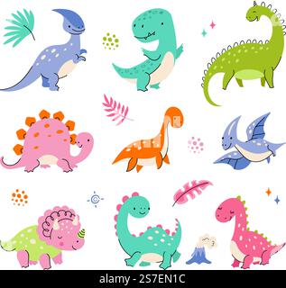 Niedliche Dino-Charaktere. Kleine Dinosaurier, Farbe isoliert Dinosaurier Baby Freund. Mode Babys wildes Tier, lustige prähistorische heutzutage Vektortiere. Abbildung: Charakter-Dino. Niedliche Dino-Charaktere. Kleine Dinosaurier, Farbe isoliert Dinosaurier Baby Freund. Mode Babys wildes Tier, lustige prähistorische heutzutage Vektortiere Stock Vektor