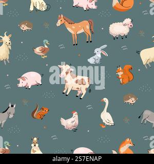 Nahtloses Muster für Nutztiere. Trendige Haustiere, Modeschmuck für Nutztiere. Schweine, Kuh und Ziege, süße Ente, Kaninchenschafe. Heute Vektor-Textil-Vorlage des Musters Bauernhof-Tier-Illustration. Nahtloses Muster für Nutztiere. Trendige Haustiere, Modeschmuck für Nutztiere. Schweine, Kuh und Ziege, süße Ente, Kaninchenschafe. Heutzutage Vektor-Textil-Vorlage Stock Vektor