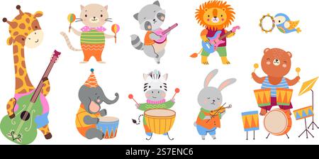 Tiermusiker Party. Wilde Tiere spielen Musikinstrumente. Niedliche Feiern oder Festivals, Zeichentrickfiguren für Kinder. Jetzt lustige Vektormusiker. Illustration des Instrumententiercharakters. Tiermusiker Party. Wilde Tiere spielen Musikinstrumente. Niedliche Feiern oder Festivals, Zeichentrickfiguren für Kinder. Jetzt lustige Vektormusiker Stock Vektor