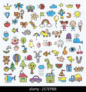 Skizzen für Kinder. Bleistiftkritzeleien lustiges handgezeichnetes Set Wolken Haus Tiere neueste Vektor-Illustrationen Set isoliert. Zeichne Bleistiftzeichnungen von Kindern. Skizzen für Kinder. Bleistiftkritzeleien lustiges handgezeichnetes Set Wolken Haus Tiere neueste Vektor-Illustrationen Set isoliert Stock Vektor