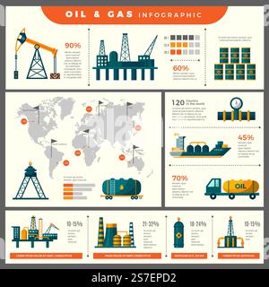 Infografik zur Erdölproduktion. Technische Symbole für Informationen über industrielle Ölleitungen aus Vektorvorlagen für Petroleumvektoren. Infografik zur Benzinindustrie. Infografik zur Erdölproduktion. Technische Symbole für Business-Plakat-Informationen von Öl-Industrie-Energie-Rohrleitungen aus Erdöl aktuelle Vektorvorlagen mit Platz für Text Stock Vektor