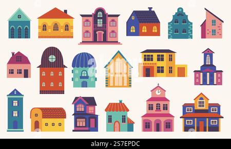 Doodle Flat Home. Verschiedene Häuser, vorderes kleines Haus. Hygge farbenfrohe, winzige Dorfgebäude. Skandinavische Stadtstraßenarchitektur, Vektorsatz der äußeren farbigen Illustration des Gebäudes. Doodle Flat Home. Verschiedene Häuser, vorderes kleines Haus. Hygge farbenfrohe, winzige Dorfgebäude. Stadtstraßenarchitektur im skandinavischen Stil, neoterische Vektoren Stock Vektor