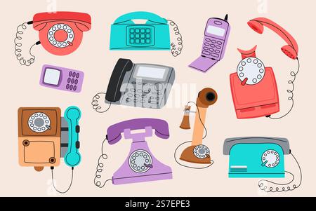 Verschiedene Telefone mit Kabelanschluss. Elegantes Telefon und Telefon, Retro-Mode-Handys im Vintage-Stil. Technologische Erfindung, Retro-anständige Vektorkommunikationselemente von Drahttelefon und Handy. Verschiedene Telefone mit Kabelanschluss. Elegantes Telefon und Telefon, Retro-Mode-Handys im Vintage-Stil. Technologische Erfindung, Retro-anständige Vektor-Kommunikationselemente Stock Vektor