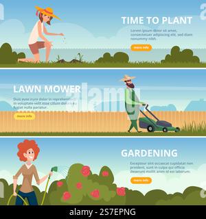 Gartenbanner. Haus Pflanzen und grünes Gras Pflege Outdoor Natur exakte Vektor Cartoon Vorlage mit Platz für Text. Abbildung: Frühlingsbanner im Gartenbau. Gartenbanner. Haus Pflanzen und grünes Gras Pflege Outdoor Natur exakte Vektor Cartoon Vorlage mit Platz für Text Stock Vektor