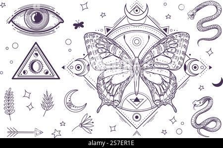 Mystische magische Elemente. Tattoo-Grafik, magisches Auge und Dreieck, Schlangen und Mond. Linie Vektor Boho Stil Sammlung der magischen Tattoo Grafik Design Illustration. Mystische magische Elemente. Tattoo-Grafik, magisches Auge und Dreieck, Schlangen und Mond. Line Vector Boho Style Kollektion Stock Vektor