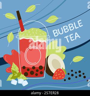Poster mit frischem Bubble-Tee. Taiwan boba Perlengetränk mit grafischem Design. Desserttasse mit Süßgetränk. Obst schütteln anständige Vektor-Farbkarte mit Tee Tapioka Milch Illustration. Poster mit frischem Bubble-Tee. Taiwan boba Perlengetränk mit grafischem Design. Desserttasse mit Süßgetränk. Obstschütteln anständige Vektor-Farbkarte Stock Vektor