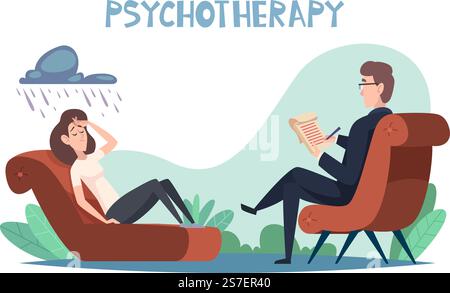 Psychologietherapie. Psychische Probleme Person in Depressionen und negative Emotionsreflexion und Gespräch mit Therapeuten exakter Vektor-Karikaturhintergrund. Illustration von Therapie und Problem mental. Psychologietherapie. Psychische Probleme Person in Depressionen und negative Emotionsreflexion und Gespräch mit Therapeuten exakter Vektor-Karikaturhintergrund Stock Vektor