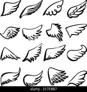 Schwarze Engelsflügel. Isolierter Zeichenflügel von Vogel, Gans, Möwe, Taube. Teufel gegen Engel, Vintage-Dekorationselemente des heiligen Himmels. Doodle Tattoo neoterische Vektor-Set der Vogelflügel-Silhouette. Schwarze Engelsflügel. Isolierter Zeichenflügel von Vogel, Gans, Möwe, Taube. Teufel gegen Engel, Vintage-Dekorationselemente des heiligen Himmels. Doodle Tattoo neoterischen Vektor-Set Stock Vektor