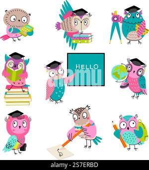 Elegante Cartoon-Eulen und Elemente der Schulbildung. Eulenlernen und Schreibstift. Tierlehrer und Schüler in der Graduiertenmütze. Heute Tiere Vektorsatz der Bildung Eulen Schule Illustration. Elegante Cartoon-Eulen und Elemente der Schulbildung. Eulenlernen und Schreibstift. Tierlehrer und Schüler in der Graduiertenmütze. Heute gibt es ein Vektorset für Tiere Stock Vektor