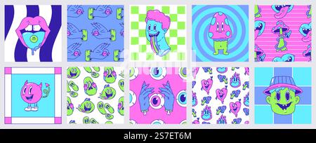 Trippige psychedelische Kunst 70er Jahre surreales Design. Seltsames, helles, nahtloses Muster, ungewöhnliche Charakterposter. Saure Neonelemente, kuschelige Pilz- und Schädelvektorkarten im trippigen psychedelischen Design. Trippige psychedelische Kunst 70er Jahre surreales Design. Seltsames, helles, nahtloses Muster, ungewöhnliche Charakterposter. Saure Neonelemente, kuschelige Pilze und Schädelvektorkarten Stock Vektor