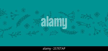 Hand gezeichnete Äste und Schneeflocken, Vektor nahtlose Grenze. Weihnachtliches Wintermuster, horizontales schlichtes Banner mit Doodle-Naturelementen. Illustration der weihnachtsfeiertage. Hand gezeichnete Äste und Schneeflocken, Vektor nahtlose Grenze. Weihnachtliches Wintermuster, horizontales schlichtes Banner mit Doodle-Naturelementen Stock Vektor