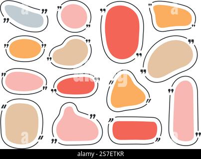 Verschiedene Formen zitieren Rahmen. Sprechblasen und Halterungen für Nachrichten, farbenfrohe, trendige Flüssigkeitsformen. Dekorative Textvorlage für leere Vektoren. Abbildung: Formrahmen für Text. Verschiedene Formen zitieren Rahmen. Sprechblasen und Halterungen für Nachrichten, farbenfrohe, trendige Flüssigkeitsformen. Dekorative Textvorlage für leere Vektoren Stock Vektor