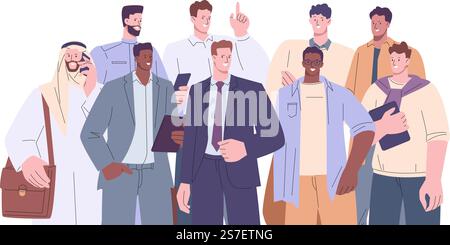 Männliches Büroteam zusammen. Erwachsene Geschäftsleute Unternehmerporträts, arabischer Geschäftscharakter und Kollegen. Junge Studenten, Kicky Professionals Vektor-Satz von Business Team Illustration. Männliches Büroteam zusammen. Erwachsene Geschäftsleute Unternehmerporträts, arabischer Geschäftscharakter und Kollegen. Junge Studenten, kickige Profis Vektor-Set Stock Vektor