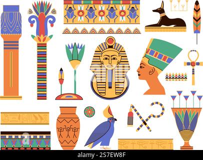 Elemente des alten ägyptens. Ägyptisches Wahrzeichen, Denkmalruinen und Skulpturen. Ornamentale dekorative Symbole, Säule und Gold pharaon anständige Vektor-Kit des pharaonenkopfes und Wahrzeichen alt. Elemente des alten ägyptens. Ägyptisches Wahrzeichen, Denkmalruinen und Skulpturen. Ornamentale dekorative Symbole, Säule und Gold pharaon anständigen Vektor Kit Stock Vektor